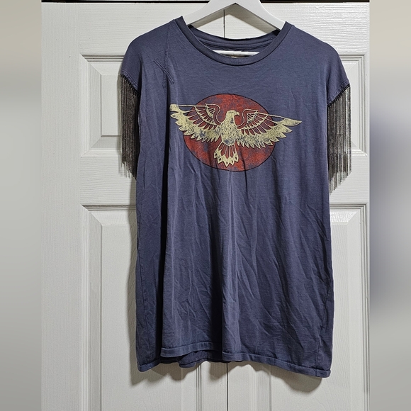 Large Free People Blue Muscle Tee with Eagle Design Metal Fringe - Picture 2 of 4